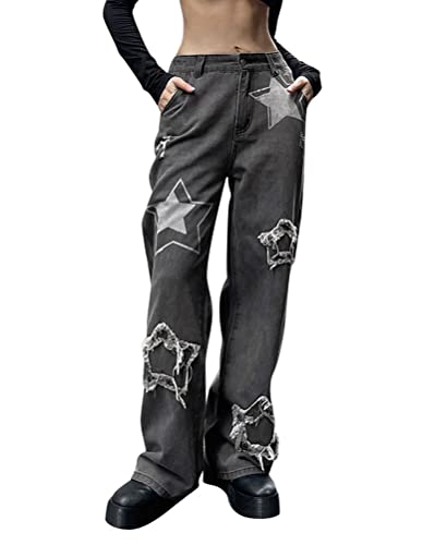 Minetom Damen Jeans Sterndruck Weites Bein Gerade Denim Jeans Y2K Baggy Hose Vintage Streetwear Cargohose Mit Taschen F Grau XS von Minetom