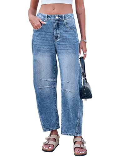 Minetom Damen Jeans Straight Baggy Cargohose Breites Bein Boyfriend Hose Locker Freizeithose Sommer Jeanshose Streetwear Cargo Jeans Denim Pants Casual Trousers A Blau M von Minetom