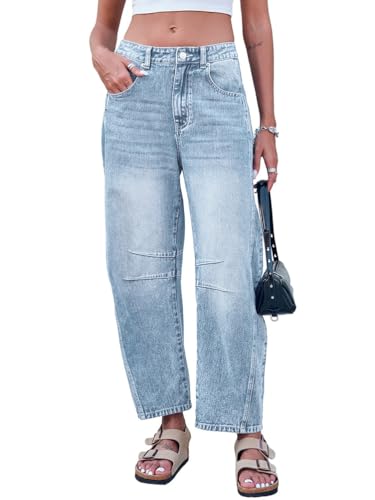 Minetom Damen Jeans Straight Baggy Cargohose Breites Bein Boyfriend Hose Locker Freizeithose Sommer Jeanshose Streetwear Cargo Jeans Denim Pants Casual Trousers A Hellblau L von Minetom