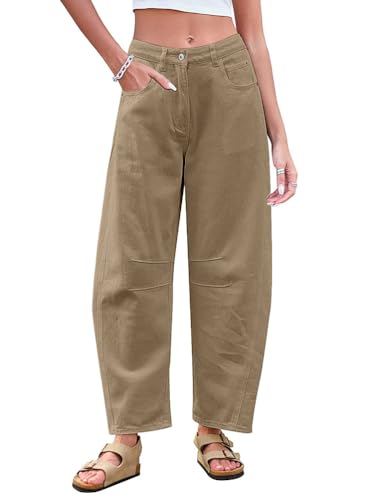Minetom Damen Jeans Straight Baggy Cargohose Breites Bein Boyfriend Hose Locker Freizeithose Sommer Jeanshose Streetwear Cargo Jeans Denim Pants Casual Trousers A Khaki XXL von Minetom