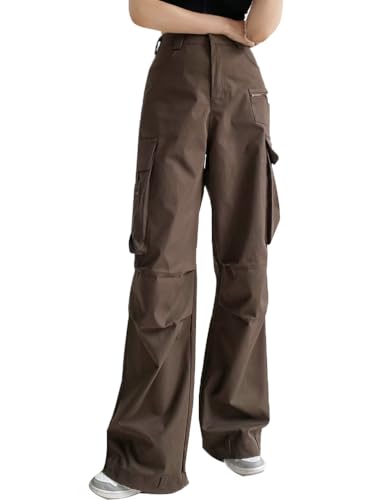 Minetom Damen Jeans Straight Baggy Cargohose Breites Bein Boyfriend Hose Locker Freizeithose Sommer Jeanshose Streetwear Cargo Pants Casual Trousers mit Taschen G Kaffee XS von Minetom