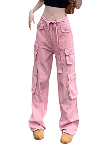 Minetom Damen Jeanshosen Cargohose Multi Taschen Vintage Gerade Hosen Bequem Arbeitshose Einfarbig Jogginghose Outdoorhosen I Rosa M von Minetom