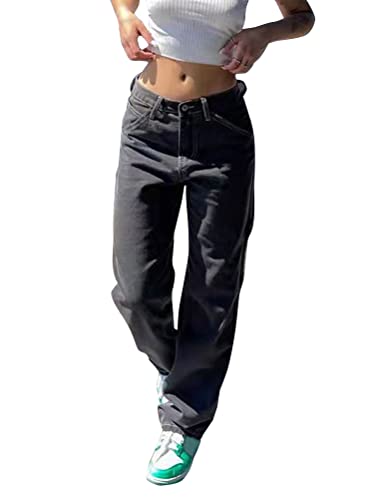 Minetom Damen Jeanshosen Vintage Hohe Taille Straight Jeans Gewaschene Jeans Y2K Mode Denim Hose Baggy Jeans Weites Bein Gerade Denim Hose Lose E-Girl Streetwear Hosen H Schwarz XL von Minetom