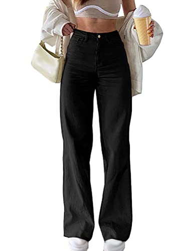 Minetom Damen Jeans Hose High Waist Y2K Style Harajuku E-Girl Streetwear Casual Pants Baggy Vintage Flare Denim Hose I1 Schwarz M von Minetom