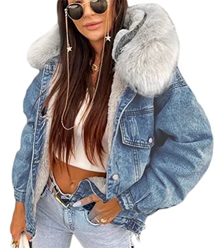 Minetom Damen Jeansjacke Fleece Gefüttert Künstliches Fellkapuze Denim Winterjacke Übergangsjacke Jeans Mantel Kapuzenjacke Outwear E Blau Grau L von Minetom