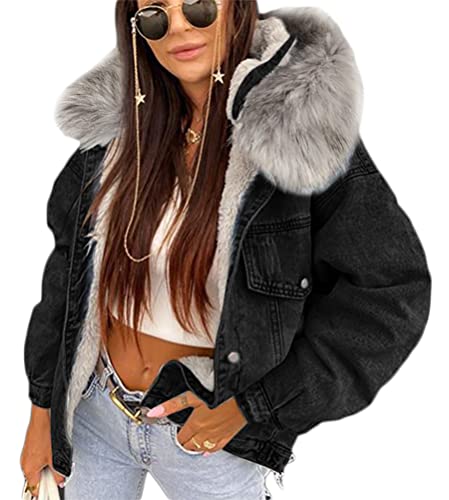 Minetom Damen Jeansjacke Fleece Gefüttert Künstliches Fellkapuze Denim Winterjacke Übergangsjacke Jeans Mantel Kapuzenjacke Outwear E Schwarz XXL von Minetom
