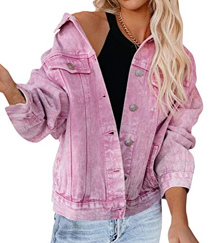 Minetom Damen Jeansjacke Übergangsjacke Bestickt Muster Leichte Jacke Denim Casual Mädchen Gewaschene Jeans Denim Jacket Oberbekleidung L Rosa 38 von Minetom