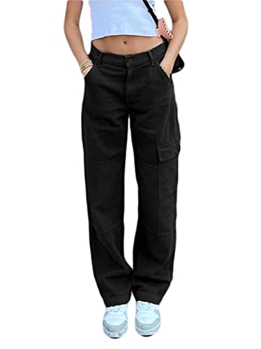 Minetom Damen Jogger Cargo Pants Hosen Baggy Streetwear Punk Hose Sweathose Teenager Mädchen Jogginghose mit Taschen F Schwarz XS von Minetom