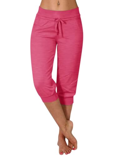 Minetom Damen Jogginghose 3/4 Capri Hose Sporthose Leicht Sommerhose Mit Kordelzug Strandhose Trainingshose Yogahose Pyjamahose Freizeit Hose Mit Tasche A Rosa Rot L von Minetom