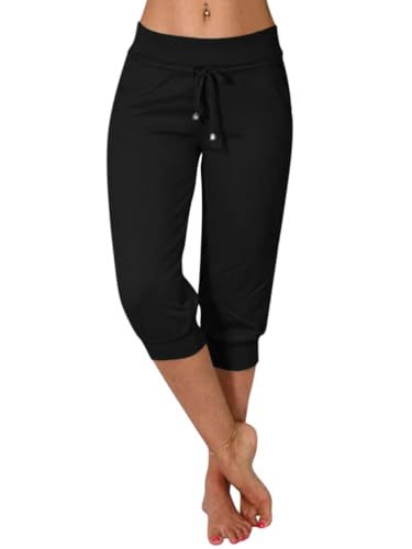 Minetom Damen Jogginghose 3/4 Capri Hose Sporthose Leicht Sommerhose Mit Kordelzug Strandhose Trainingshose Yogahose Pyjamahose Freizeit Hose Mit Tasche A Schwarz L von Minetom