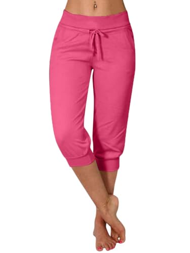 Minetom Damen Jogginghose 3/4 Capri Hose Sporthose Leicht Sommerhose Mit Kordelzug Strandhose Trainingshose Yogahose Pyjamahose Freizeit Hose Mit Tasche B Rosa XL von Minetom