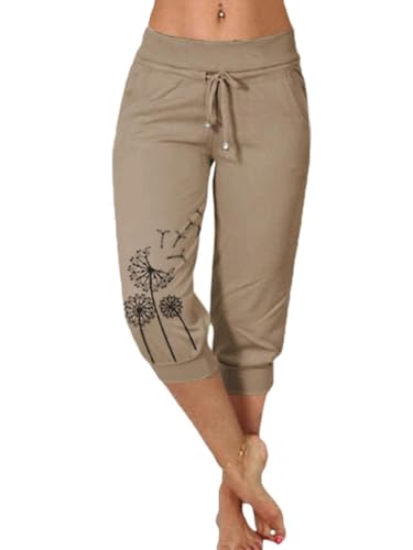 Minetom Damen Jogginghose 3/4 Capri Hose Sporthose Leicht Sommerhose Mit Kordelzug Strandhose Trainingshose Yogahose Pyjamahose Freizeit Hose Mit Tasche C Khaki M von Minetom