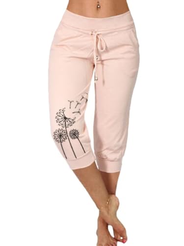 Minetom Damen Jogginghose 3/4 Capri Hose Sporthose Leicht Sommerhose Mit Kordelzug Strandhose Trainingshose Yogahose Pyjamahose Freizeit Hose Mit Tasche C Rosa M von Minetom