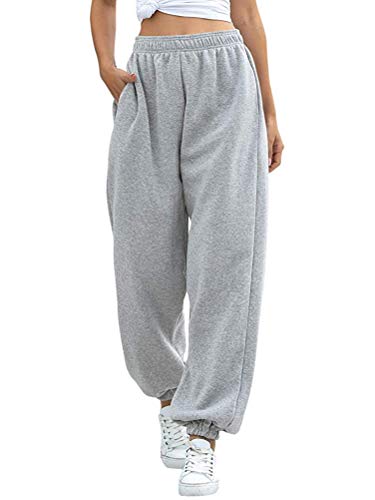 Minetom Damen Jogginghose Sporthose Elastischer Bund Traininghose mit Taschen Sweathose Freizeithosen Langhosen Hohe Taille Fitnesshosen Indoor Outdoor Hosen A Grau Normal X-Small von Minetom