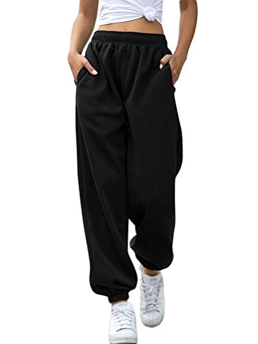 Minetom Damen Jogginghose Sporthose Elastischer Bund Traininghose mit Taschen Sweathose Freizeithosen Langhosen Hohe Taille Fitnesshosen Indoor Outdoor Hosen B Schwarz Verdicken Small von Minetom