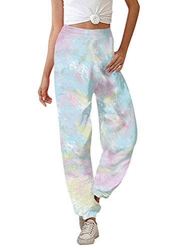 Minetom Damen Jogginghose Sporthose Elastischer Bund Traininghose mit Taschen Sweathose Freizeithosen Langhosen Mode Hohe Taille Regenbogen Tie-Dye Fitnesshosen D Hellblau XXL von Minetom