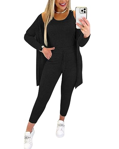 Minetom Damen Jogginghose Und Top Sets 3 Piece Hauseanzug Mit Kordelzug Und Taschen 3-Teiler Home Set Mit Cardigan Hausanzug Sets Nachtwäsche Set A Schwarz M von Minetom