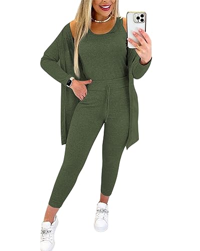 Minetom Damen Jogginghose Und Top Sets 3 Piece Hauseanzug Mit Kordelzug Und Taschen 3-Teiler Home Set Mit Cardigan Hausanzug Sets Nachtwäsche Set A Grün M von Minetom