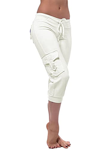 Minetom Damen Jogginghose Yoga Hose Mit Taschen Kordelzug Sporthose Frauen Sweatpants Elastischer Bund Freizeithose A Weiß L von Minetom