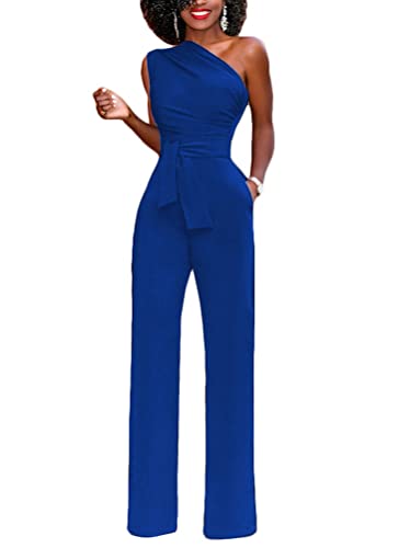 Minetom Damen Jumpsuit Elegant Eine Schulter Cocktail Party Overalls Hosenanzug Playsuit Hosen Lang Romper mit Gürtel Taschen E Blau M von Minetom