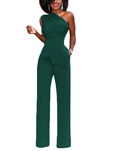 Minetom Damen Jumpsuit Elegant Eine Schulter Cocktail Party Overalls Hosenanzug Playsuit Hosen Lang Romper mit Gürtel Taschen E Grün L von Minetom