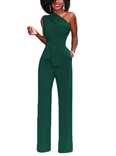 Minetom Damen Jumpsuit Elegant Eine Schulter Cocktail Party Overalls Hosenanzug Playsuit Hosen Lang Romper mit Gürtel Taschen E Grün S von Minetom