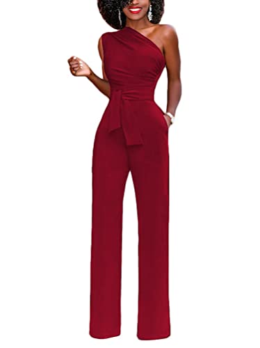 Minetom Damen Jumpsuit Elegant Eine Schulter Cocktail Party Overalls Hosenanzug Playsuit Hosen Lang Romper mit Gürtel Taschen E Rot M von Minetom