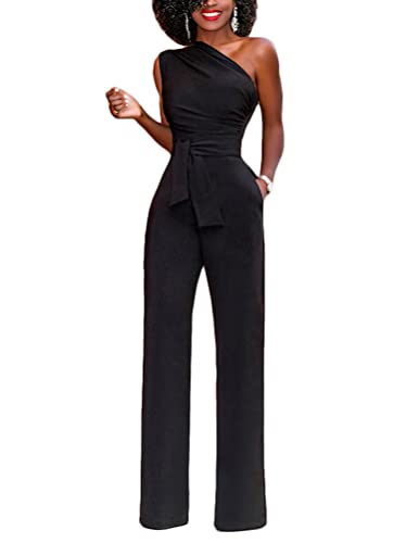 Minetom Damen Jumpsuit Elegant Eine Schulter Cocktail Party Overalls Hosenanzug Playsuit Hosen Lang Romper mit Gürtel Taschen E Schwarz M von Minetom
