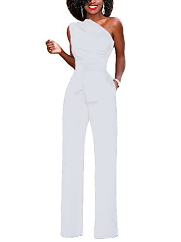 Minetom Damen Jumpsuit Elegant Eine Schulter Cocktail Party Overalls Hosenanzug Playsuit Hosen Lang Romper mit Gürtel Taschen E Weiß M von Minetom