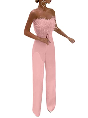 Minetom Damen Jumpsuit Elegant Langarm Schulterfrei Trägerlos Cocktail Party Festlich Overalls Hosenanzug Playsuit Lang Romper B Rosa XS von Minetom