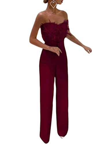 Minetom Damen Jumpsuit Elegant Langarm Schulterfrei Trägerlos Cocktail Party Festlich Overalls Hosenanzug Playsuit Lang Romper B Weinrot M von Minetom