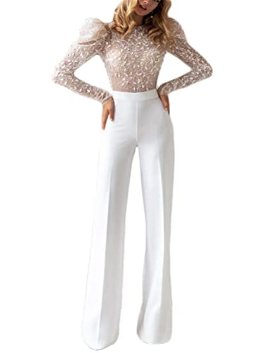 Minetom Damen Jumpsuit Elegant Langarm Schulterfrei Trägerlos Cocktail Party Festlich Overalls Hosenanzug Playsuit Lang Romper C Weiß XL von Minetom