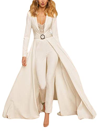 Minetom Damen Jumpsuit Elegant Langarm V-Ausschnitt Cocktail Party Festlich Overalls Hosenanzug Playsuit Lang Romper G Weiß XS von Minetom