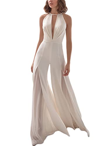 Minetom Damen Jumpsuit Elegant Lose Einfarbig Cocktail Party Festlich Overalls Hosenanzug Playsuit Lang Romper I Weiß L von Minetom