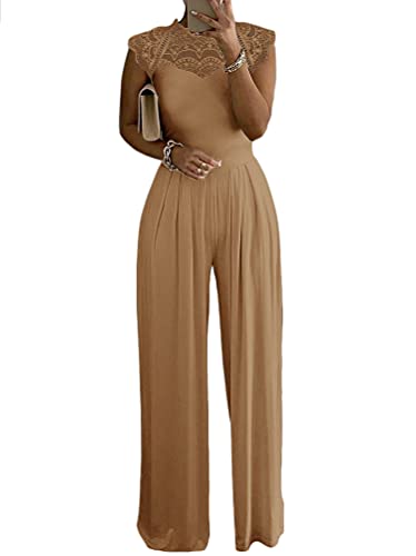 Minetom Damen Jumpsuit Elegant Spitzen Patchwork Cocktail Party Overalls Hosenanzug Playsuit Lang Romper A Khaki XL von Minetom