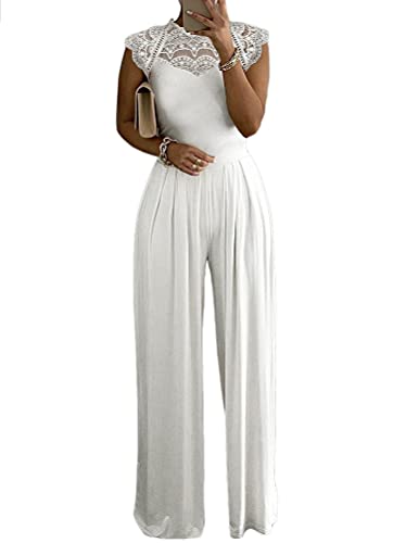 Minetom Damen Jumpsuit Elegant Spitzen Patchwork Cocktail Party Overalls Hosenanzug Playsuit Lang Romper A Weiß S von Minetom