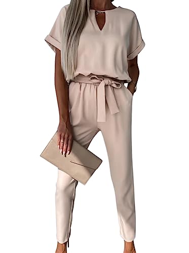 Minetom Damen Jumpsuit Elegant V-Ausschnitt Kurzarm Overall Hosenanzug Party Hochzeit Festlich Playsuit Romper mit Gürtel Taschen A Beige L von Minetom