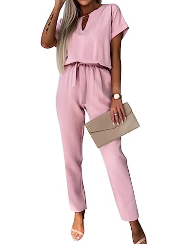 Minetom Damen Jumpsuit Elegant V-Ausschnitt Kurzarm Overall Hosenanzug Party Hochzeit Festlich Playsuit Romper mit Gürtel Taschen A Rosa L von Minetom