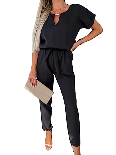 Minetom Damen Jumpsuit Elegant V-Ausschnitt Kurzarm Overall Hosenanzug Party Hochzeit Festlich Playsuit Romper mit Gürtel Taschen A Schwarz M von Minetom