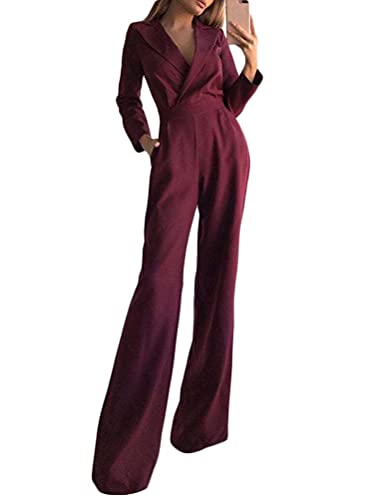 Minetom Damen Jumpsuit Elegant V-Ausschnitt Langarm Einfarbig Cocktail Hochzeit Party Overalls Hosenanzug Playsuit Lang Romper A Rot M von Minetom