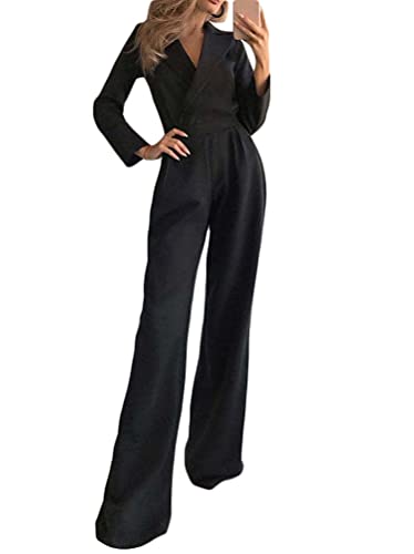 Minetom Damen Jumpsuit Elegant V-Ausschnitt Langarm Einfarbig Cocktail Hochzeit Party Overalls Hosenanzug Playsuit Lang Romper A Schwarz L von Minetom