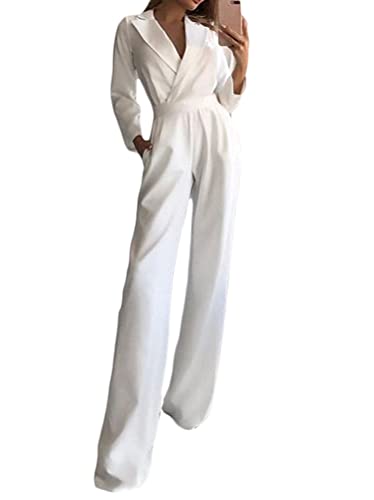 Minetom Damen Jumpsuit Elegant V-Ausschnitt Langarm Einfarbig Cocktail Hochzeit Party Overalls Hosenanzug Playsuit Lang Romper A Weiß S von Minetom