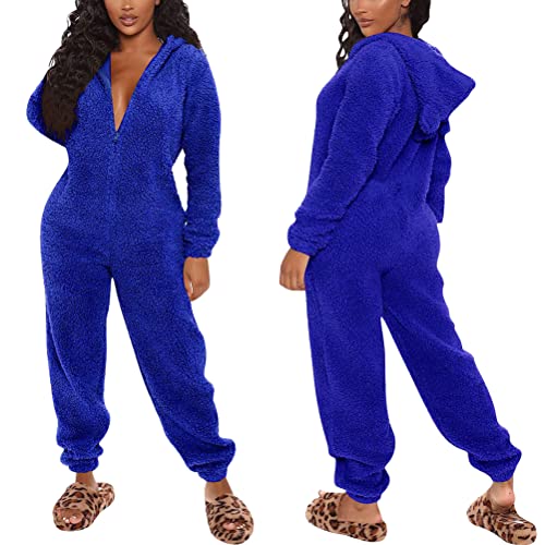 Minetom Damen Jumpsuit Fleece Schlafanzug Einteiler Winter Warm Kuschelig Onesie Lang Schlafoverall Pyjama Arsch Ausschnitt Flauschig Hausanzug Mit Kapuze & Reißverschluss A Blau 3XL von Minetom