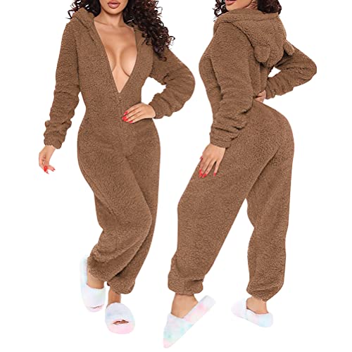 Minetom Damen Jumpsuit Fleece Schlafanzug Einteiler Winter Warm Kuschelig Onesie Lang Schlafoverall Pyjama Arsch Ausschnitt Flauschig Hausanzug Mit Kapuze & Reißverschluss A Braun 3XL von Minetom