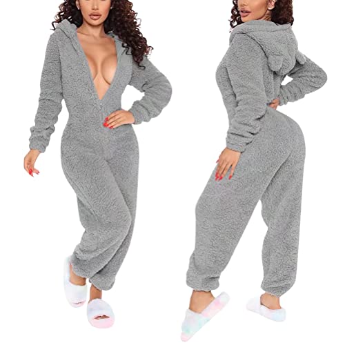 Minetom Damen Jumpsuit Fleece Schlafanzug Einteiler Winter Warm Kuschelig Onesie Lang Schlafoverall Pyjama Arsch Ausschnitt Flauschig Hausanzug Mit Kapuze & Reißverschluss A Grau M von Minetom