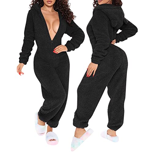 Minetom Damen Jumpsuit Fleece Schlafanzug Einteiler Winter Warm Kuschelig Onesie Lang Schlafoverall Pyjama Arsch Ausschnitt Flauschig Hausanzug Mit Kapuze & Reißverschluss A Schwarz L von Minetom