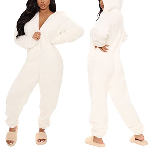 Minetom Damen Jumpsuit Fleece Schlafanzug Einteiler Winter Warm Kuschelig Onesie Lang Schlafoverall Pyjama Arsch Ausschnitt Flauschig Hausanzug Mit Kapuze & Reißverschluss A Weiß 3XL von Minetom