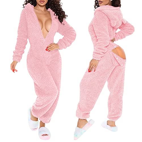 Minetom Damen Jumpsuit Fleece Schlafanzug Einteiler Winter Warm Kuschelig Onesie Lang Schlafoverall Pyjama Arsch Ausschnitt Flauschig Hausanzug Mit Kapuze & Reißverschluss B Rosa S von Minetom