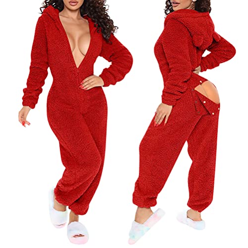 Minetom Damen Jumpsuit Fleece Schlafanzug Einteiler Winter Warm Kuschelig Onesie Lang Schlafoverall Pyjama Arsch Ausschnitt Flauschig Hausanzug Mit Kapuze & Reißverschluss B Rot M von Minetom