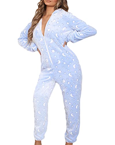 Minetom Damen Jumpsuit Kuschelig Einteiler Schlafanzug Drucken Pyjama Mit Kapuze Overall Weihnachten Schlafanzug Lang Weihnachtspyjama Hausanzug Freizeitanzug A Hellblau S von Minetom